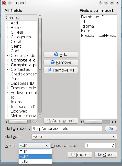 Selecting an Excel sheet to import data into Koo